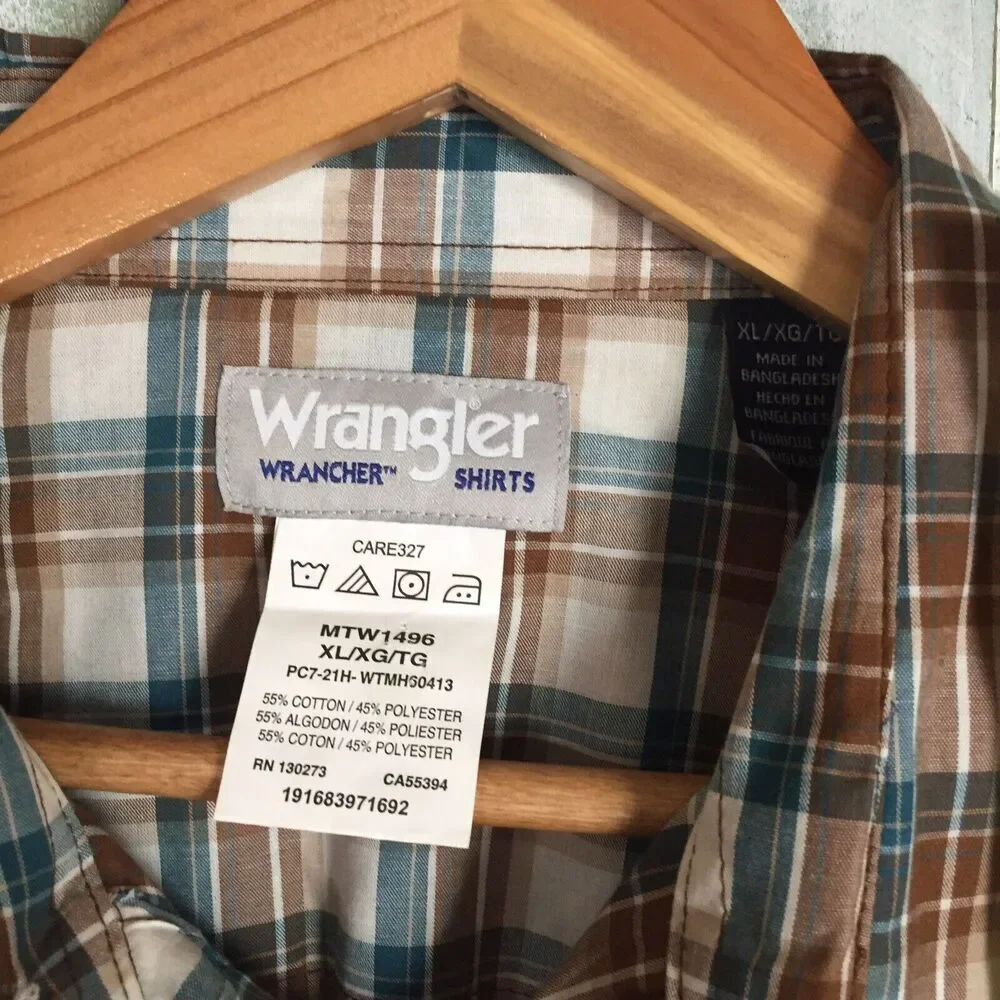 Wrangler Wrancher Brown White Plaid Western Pearl Snap Long Sleeve Shirt Mens XL - Picture 5 of 6